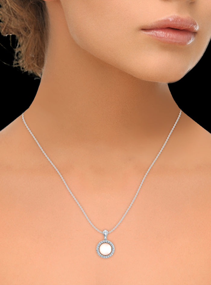 Diamond-Pearl Earring-Neckwear Set-1.30 Ct TW Gold 14K White / Lab Grown Diamond / Excellent-FG-VS-White