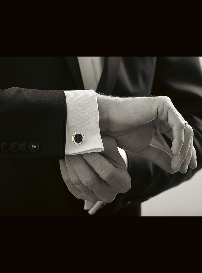 Mens Cufflinks-Round Diamond & Black Enamel-0.35 Ct TW Gold 14K Yellow / Lab Grown Diamond / Excellent-FG-VS-Yellow