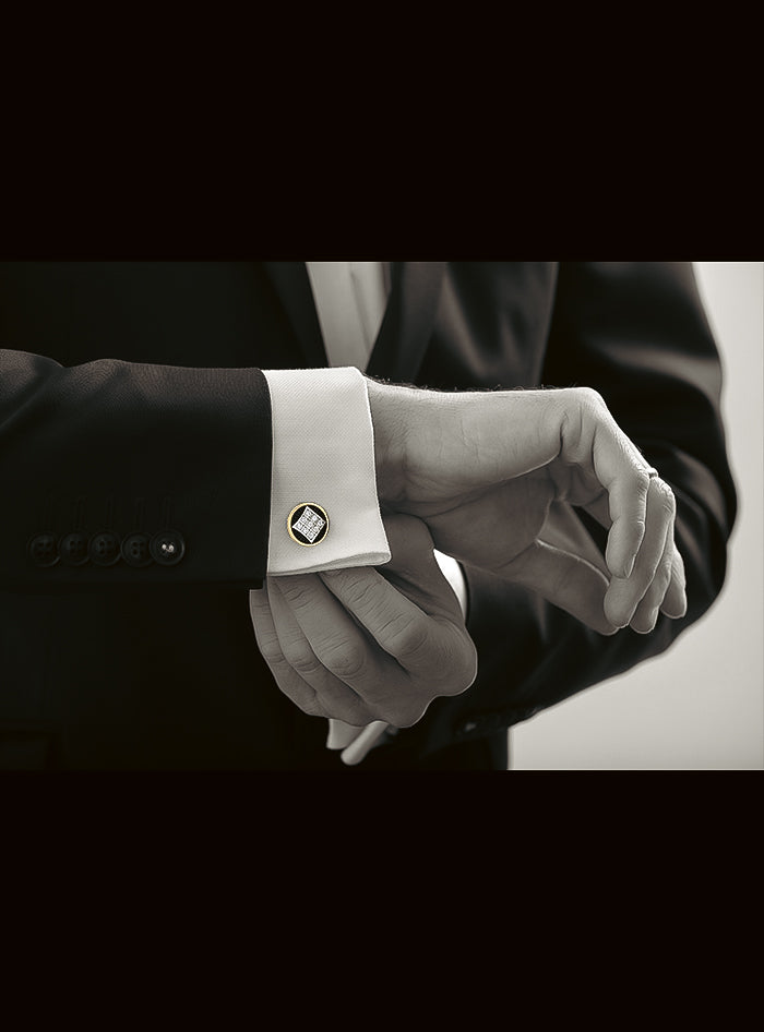 Mens Cufflinks-Round Diamond & Black Enamel-0.35 Ct TW Gold 14K Yellow / Lab Grown Diamond / Excellent-FG-VS-Yellow