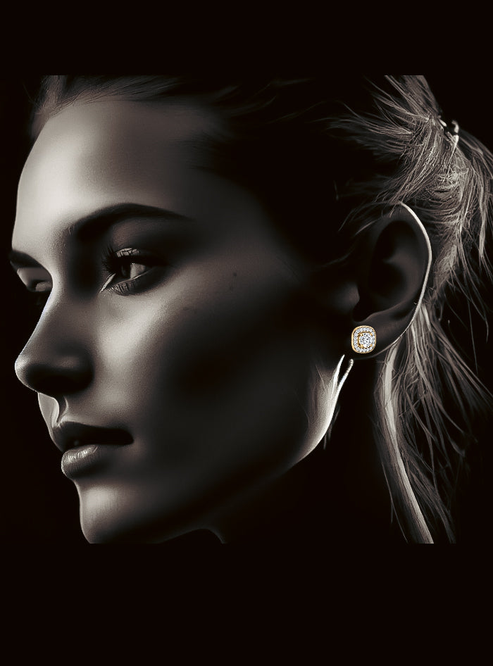 Square Halo Diamond Stud Earring-1.25 Ct TW Gold 14K Yellow / Lab Grown Diamond / Excellent-FG-VS-Yellow