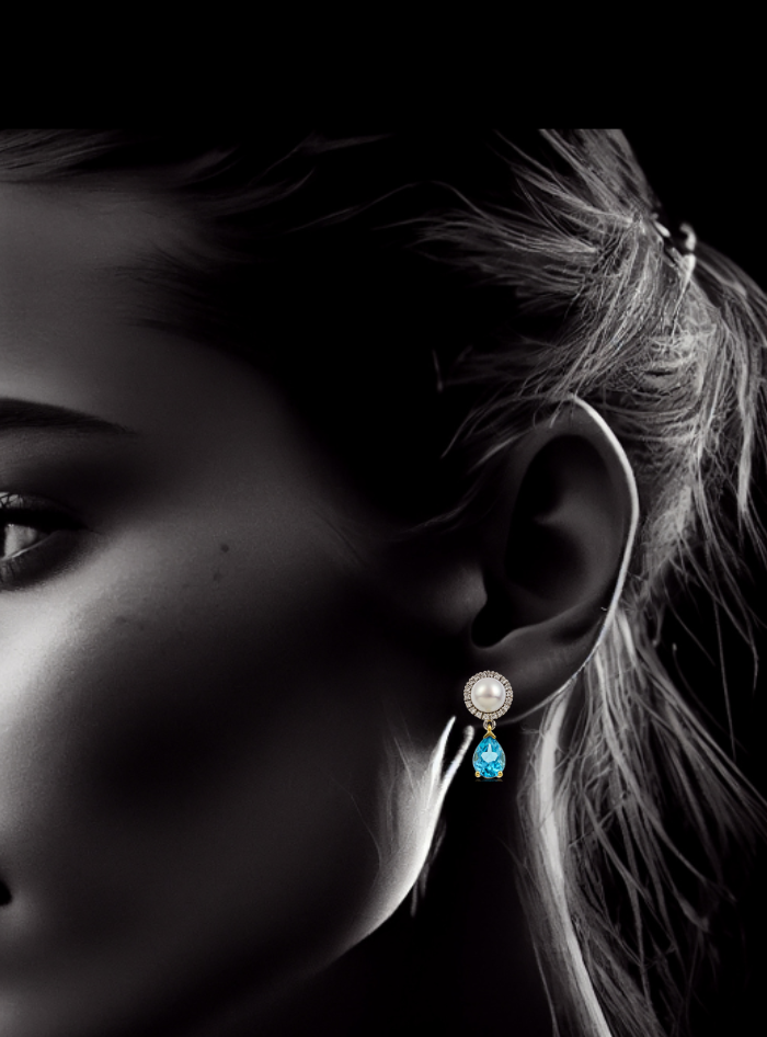Tropical Blue Topaz,Diamond & Pearl Earring-2.55 Ct TW-TwoTone