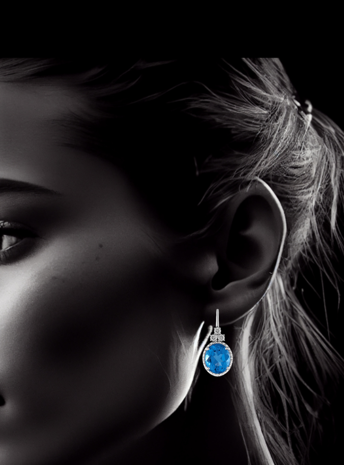 Tropical Blue Topaz & Diamond Oval Fashion Earring-12.60 Ct TW-White