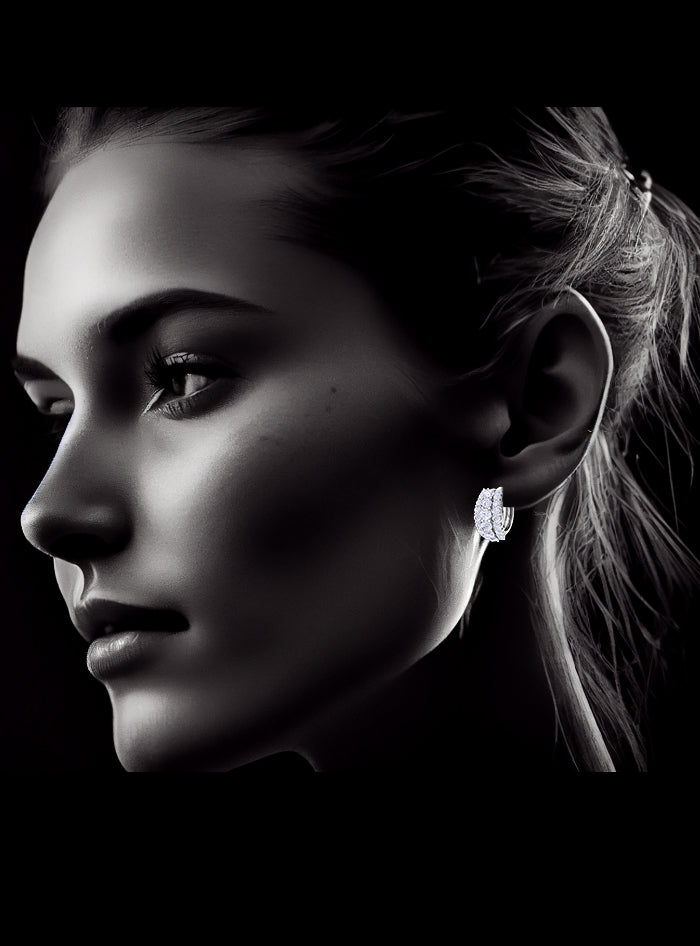 Graduated Diamond Triple Row Huggie Hoop Earring-White