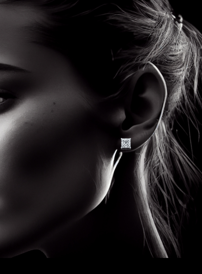 Princess Cut Diamond Studs-4 Prong Martini-Push Back Back-2.00 Ct TW - Anvaya Canada-White