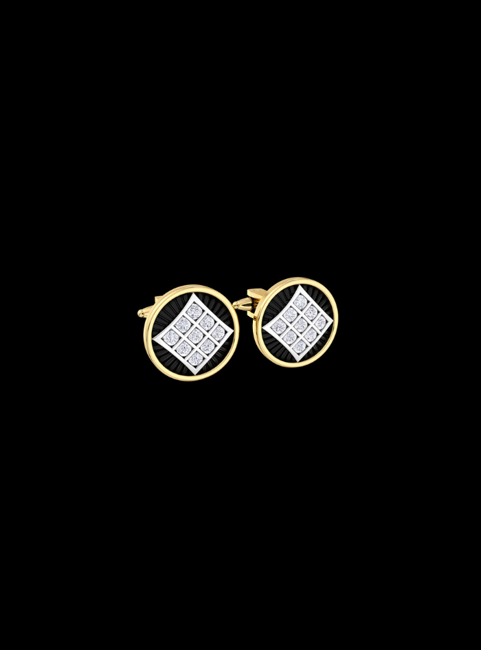 Mens Cufflinks-Round Diamond & Black Enamel-0.35 Ct TW Gold 14K Yellow / Lab Grown Diamond / Excellent-FG-VS-Yellow