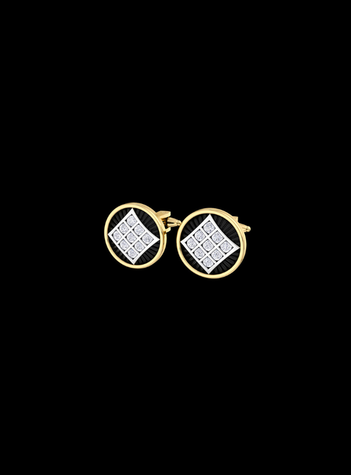 Mens Cufflinks-Round Diamond & Black Enamel-0.35 Ct TW Gold 14K Yellow / Lab Grown Diamond / Excellent-FG-VS-Yellow