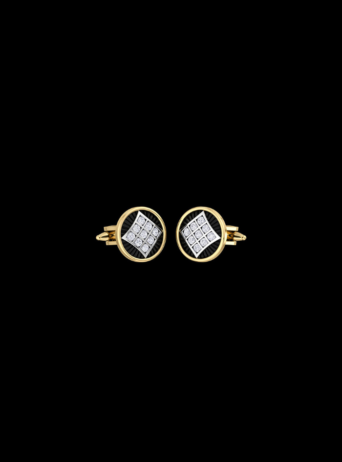Mens Cufflinks-Round Diamond & Black Enamel-0.35 Ct TW Gold 14K Yellow / Lab Grown Diamond / Excellent-FG-VS-Yellow