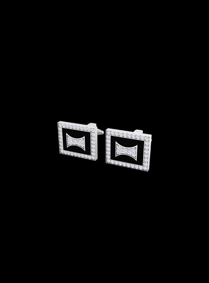 Mens Cufflinks-Round Diamond & Black Enamel-0.40 Ct TW Gold 14K White / Lab Grown Diamond / Excellent-FG-VS-White