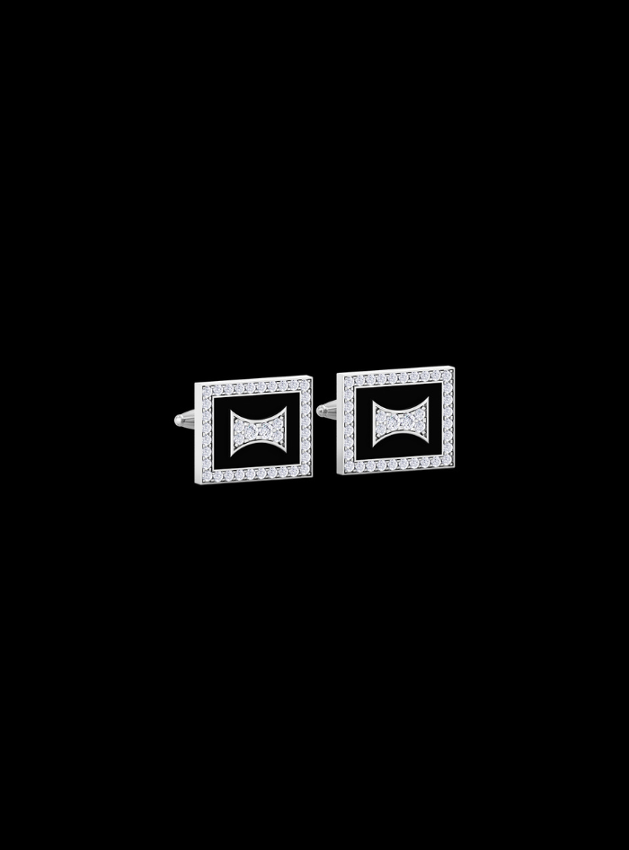 Mens Cufflinks-Round Diamond & Black Enamel-0.40 Ct TW Gold 14K White / Lab Grown Diamond / Excellent-FG-VS-White