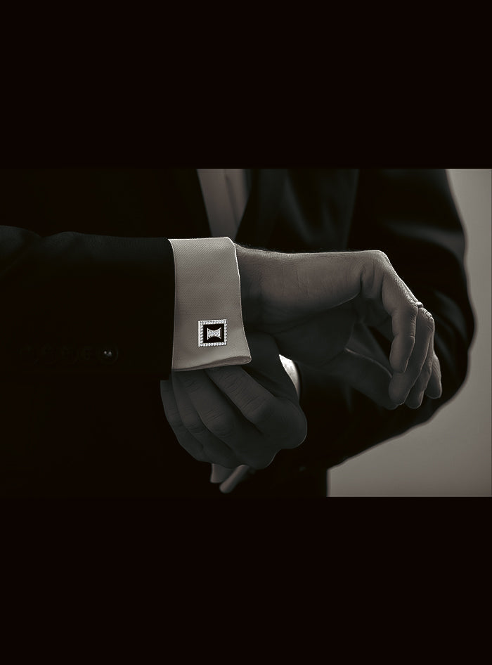 Mens Cufflinks-Round Diamond & Black Enamel-0.40 Ct TW Gold 14K White / Lab Grown Diamond / Excellent-FG-VS-White