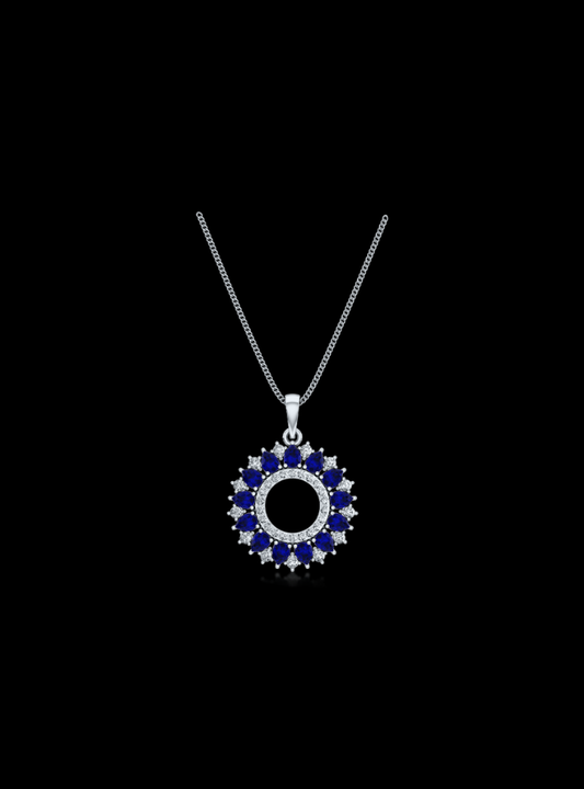 Blue Sapphire & Diamond Classic Circle Pendant-1.90 Ct TW Gold 14K White / Lab Grown Diamond / Excellent-FG-VS