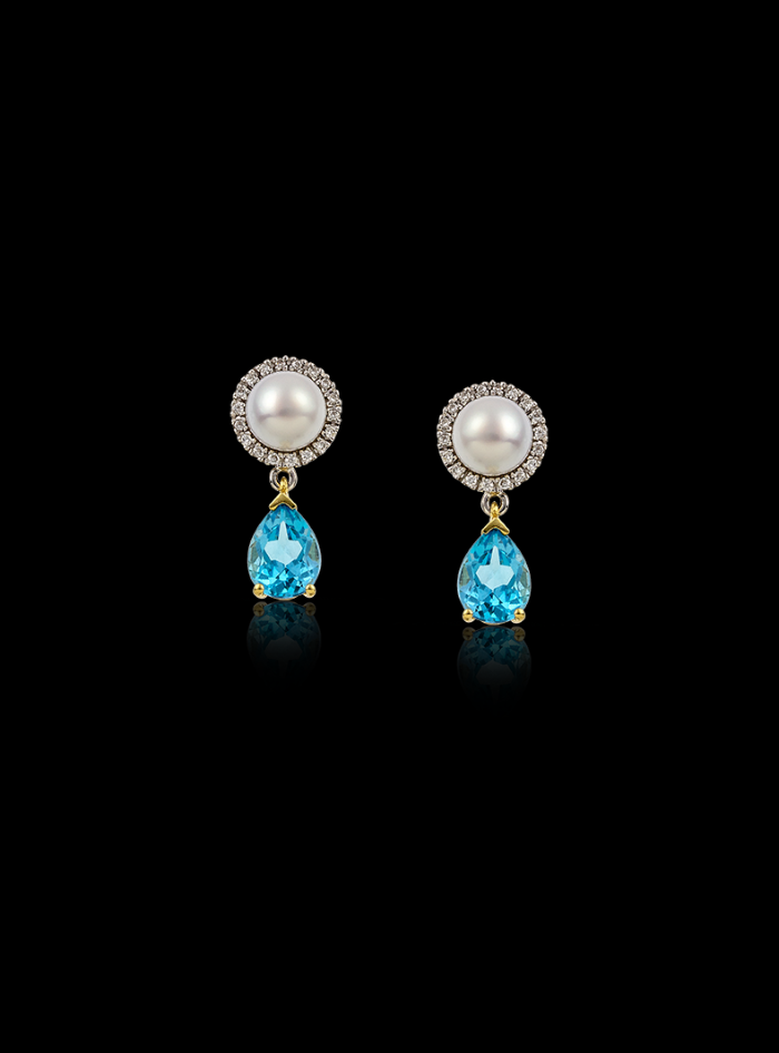 Tropical Blue Topaz,Diamond & Pearl Earring-2.55 Ct TW-TwoTone