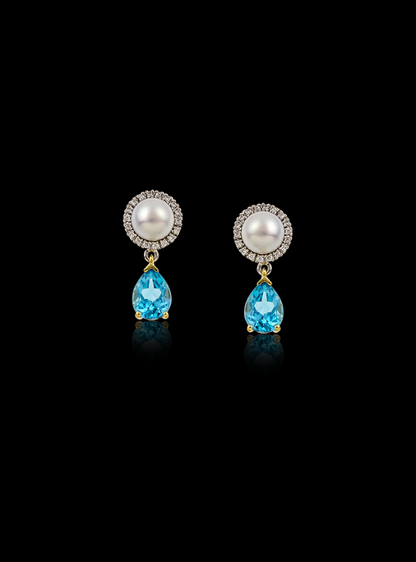 Tropical Blue Topaz,Diamond & Pearl Earring-2.55 Ct TW-TwoTone