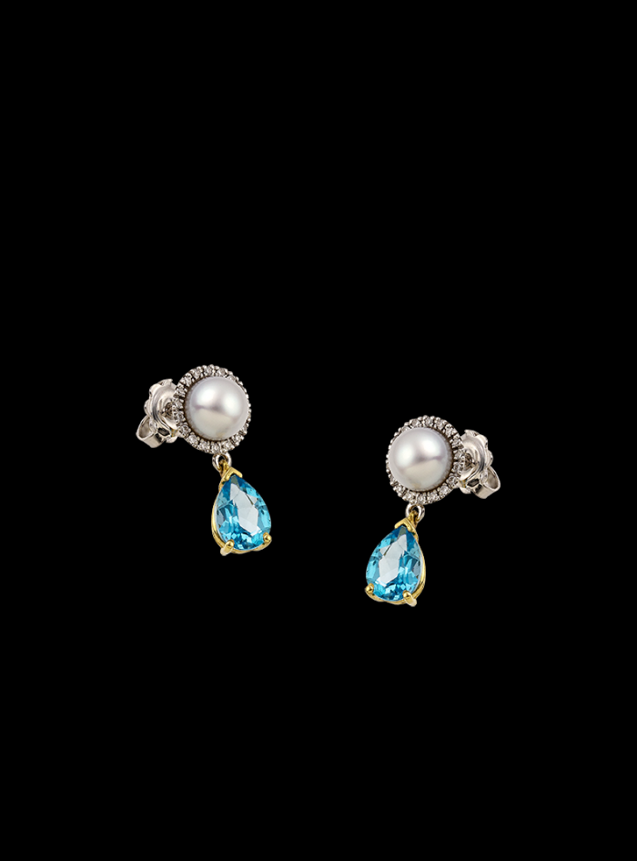 Tropical Blue Topaz,Diamond & Pearl Earring-2.55 Ct TW-TwoTone