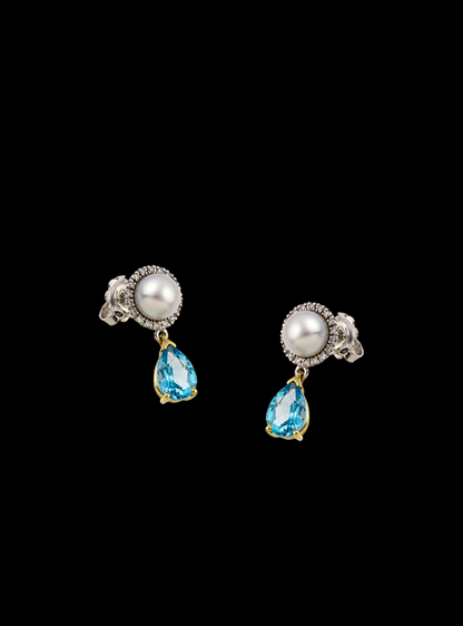 Tropical Blue Topaz,Diamond & Pearl Earring-2.55 Ct TW-TwoTone