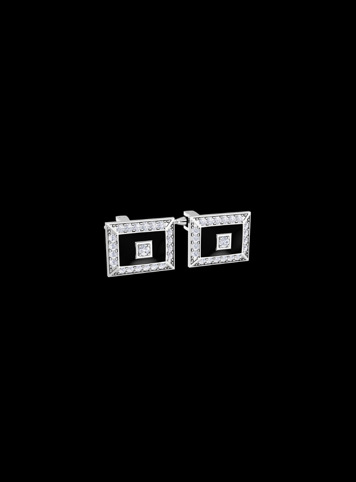 Mens Cufflinks-Round Diamond & Black Enamel-0.65 Ct TW Gold 14K White / Lab Grown Diamond / Excellent-FG-VS-White