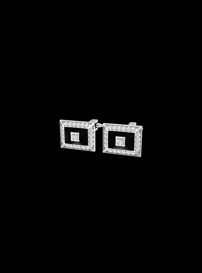 Mens Cufflinks-Round Diamond & Black Enamel-0.65 Ct TW Gold 14K White / Lab Grown Diamond / Excellent-FG-VS-White