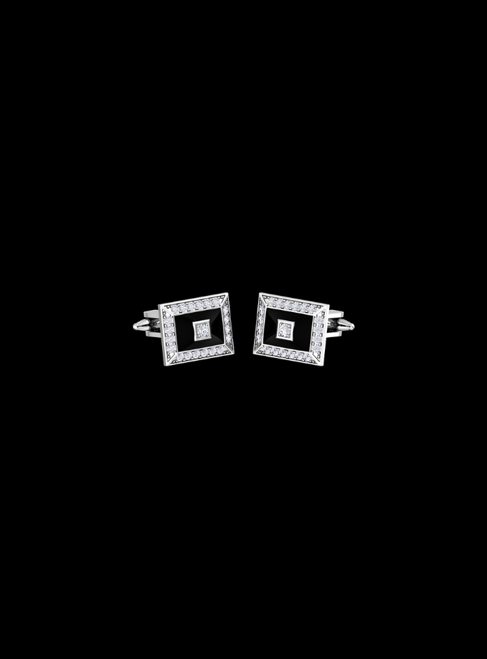Mens Cufflinks-Round Diamond & Black Enamel-0.65 Ct TW Gold 14K White / Lab Grown Diamond / Excellent-FG-VS-White
