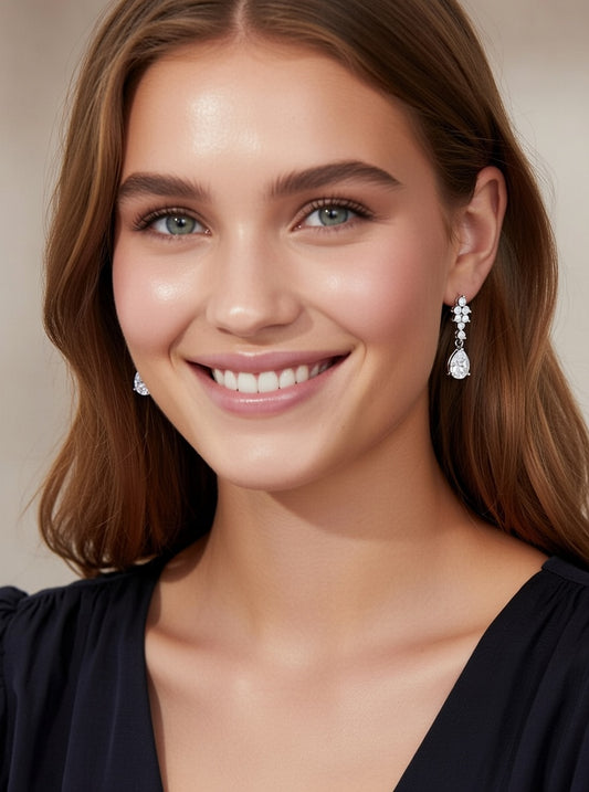 Round & Pear Shape Diamond Dangle Earring-1.40 Ct TW Gold 14K White / Lab Grown Diamond / Excellent-FG-VS-White