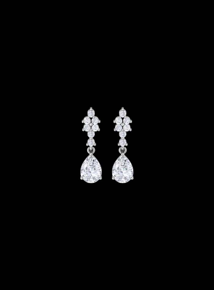 Round & Pear Shape Diamond Dangle Earring-1.40 Ct TW Gold 14K White / Lab Grown Diamond / Excellent-FG-VS-White