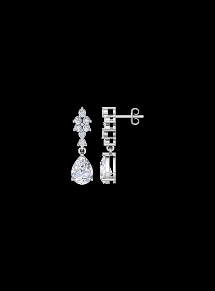 Round & Pear Shape Diamond Dangle Earring-1.40 Ct TW Gold 14K White / Lab Grown Diamond / Excellent-FG-VS-White