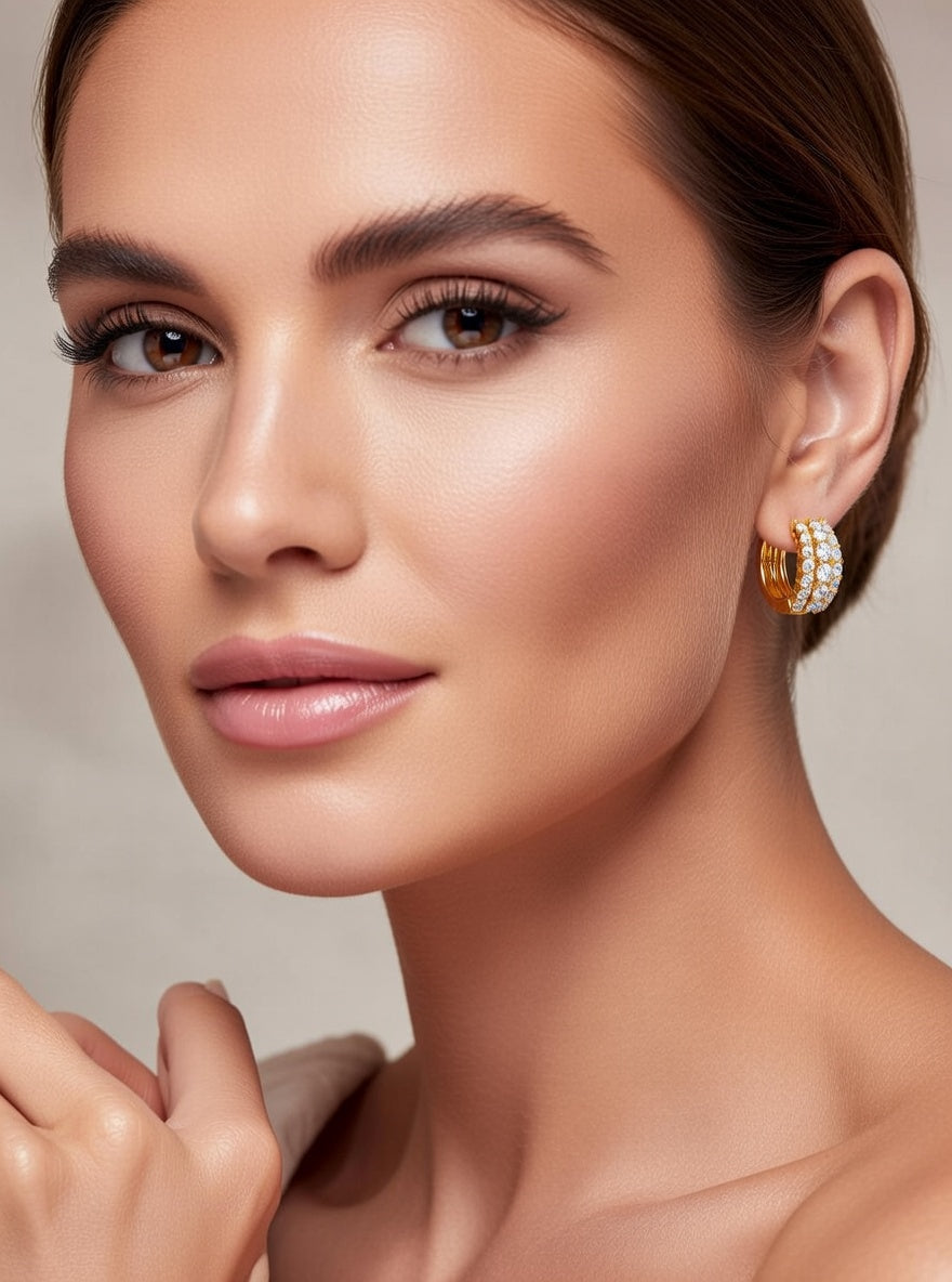 Graduated Diamond Triple Row Huggie Hoop Earring-1.60 Ct TW-Yellow