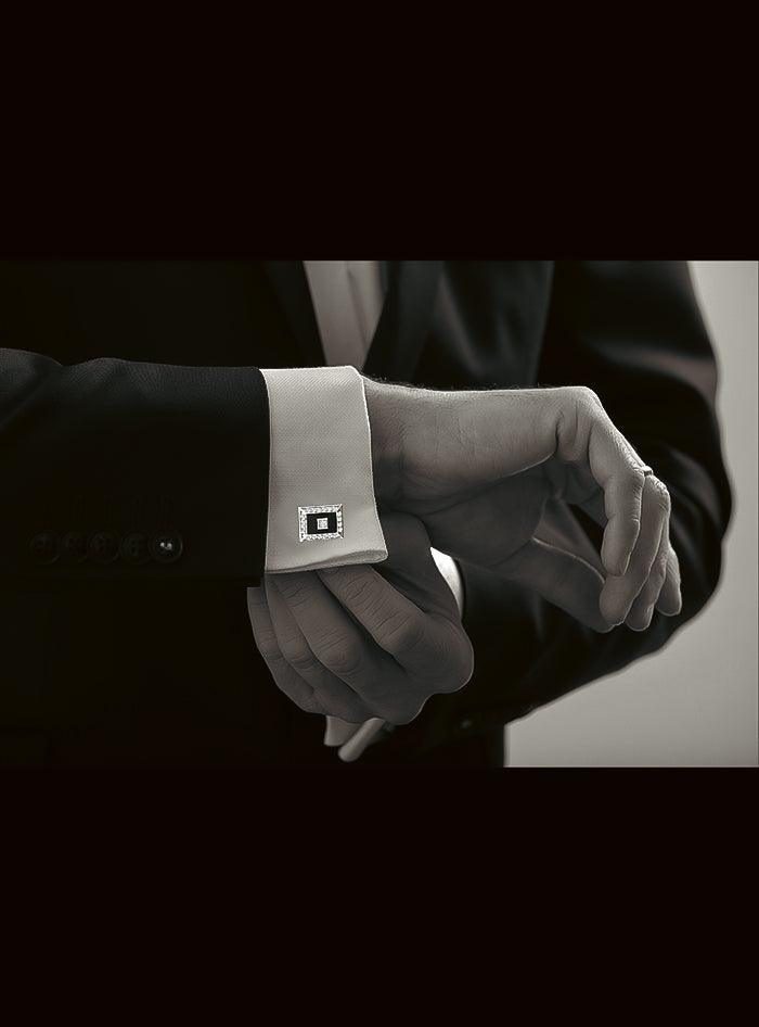 Mens Cufflinks-Round Diamond & Black Enamel-0.65 Ct TW Gold 14K White / Lab Grown Diamond / Excellent-FG-VS-White