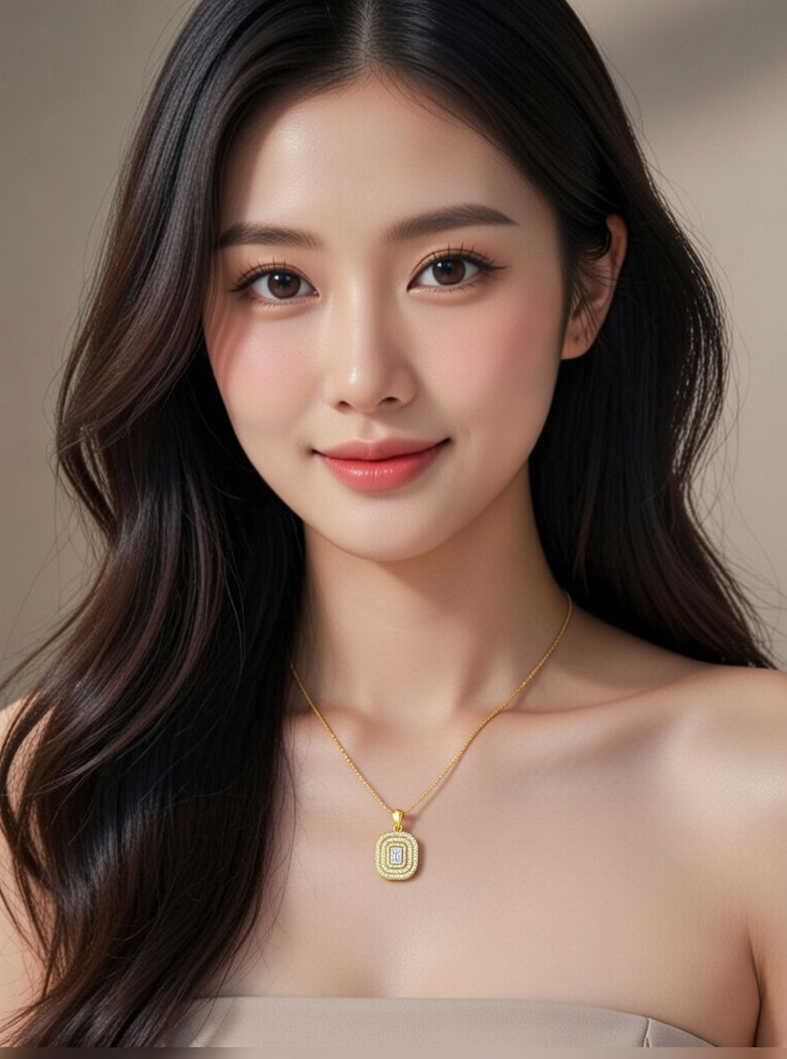 Emerald Cut Halo Pendant with double diamond halo and four-prong setting-Yellow