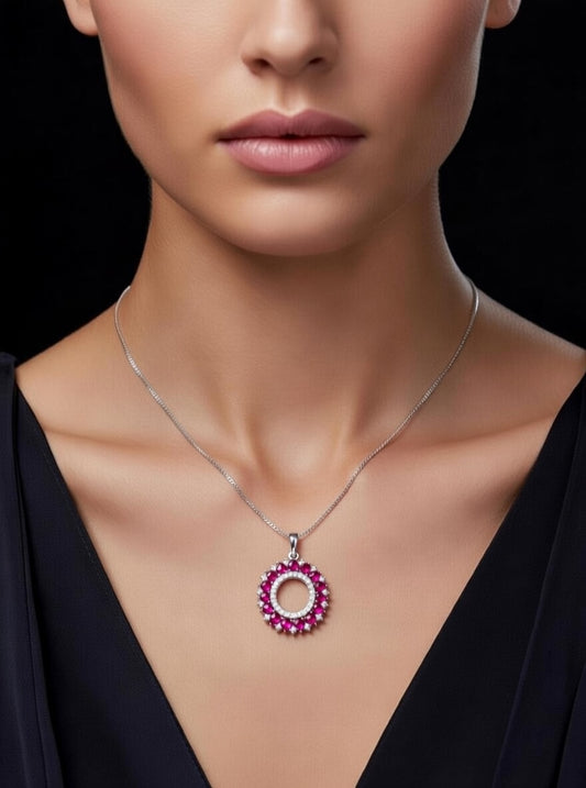 Red Ruby & Diamond Classic Circle Pendant-1.90 Ct TW-White