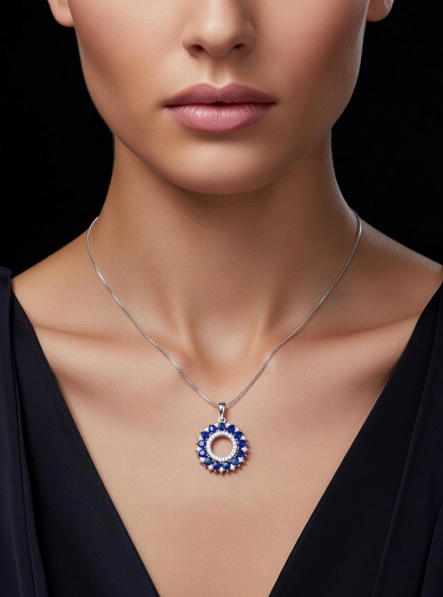 Blue Sapphire & Diamond Classic Circle Pendant-1.90 Ct TW-White