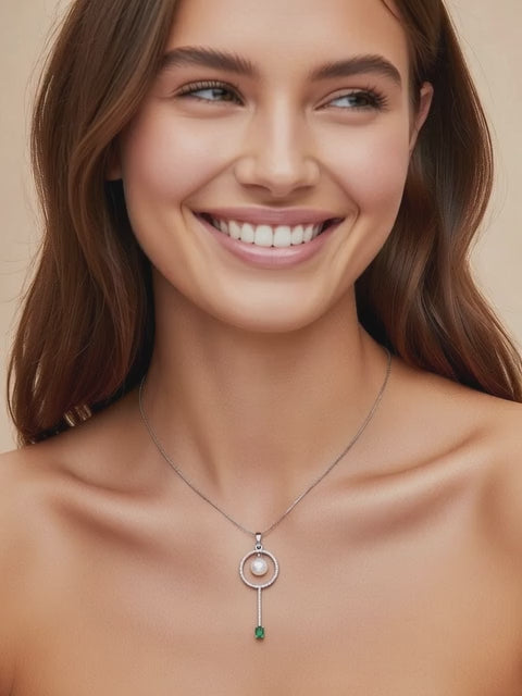 Diamond  Pearl & Colorstone Dangle Pendant-0.35 Ct TW - Anvaya Canada-White
