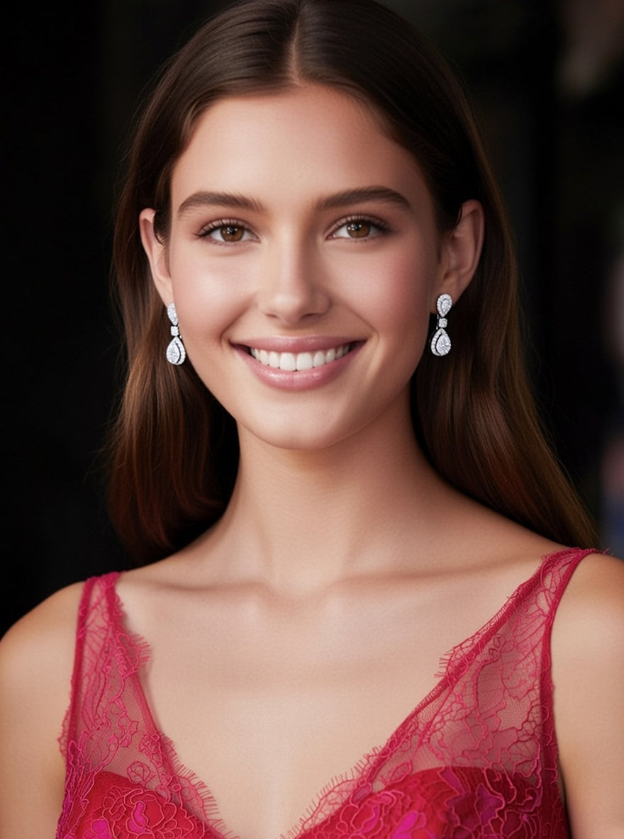 Dangle Earring-Round & Pear Shape Diamond-2.50 Ct TW Gold 14K White / Lab Grown Diamond / Excellent-FG-VS-White