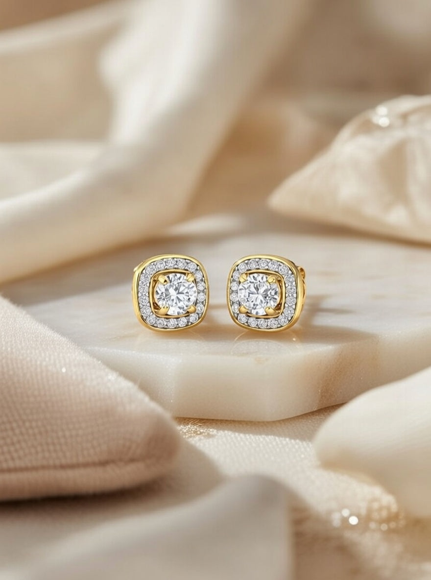 Square Halo Diamond Stud Earring-1.25 Ct TW Gold 14K Yellow / Lab Grown Diamond / Excellent-FG-VS-Yellow