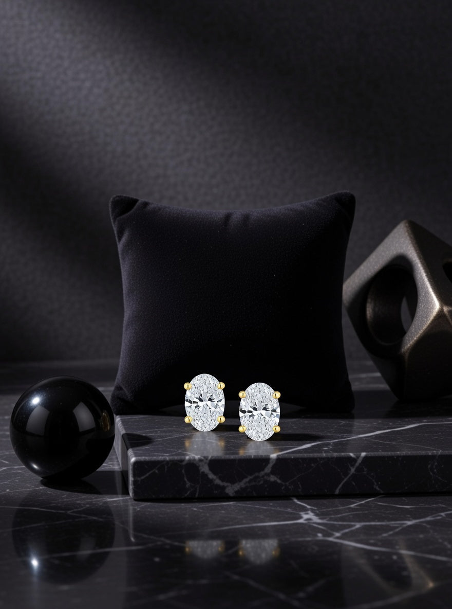 Oval Diamond Studs-4 Prong Basket-Push Back-1.00 Ct TW-Yellow