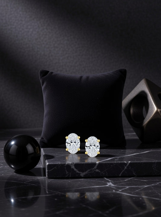 Oval Diamond Studs-4 Prong Basket-Push Back-1.00 Ct TW-Yellow